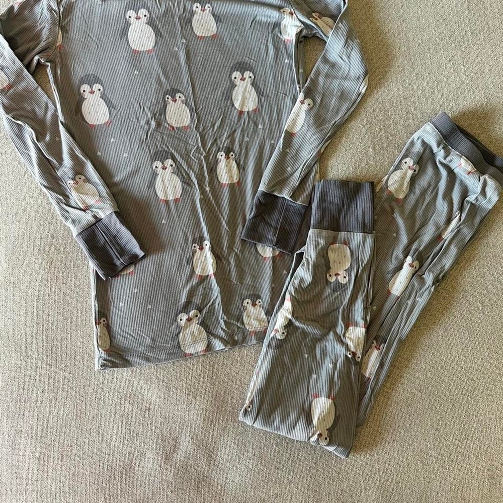 Kiki + Lulu Pajama Set Kids 9/10 Grey Penguin Bamboo Ribbed Long Sleeve Snug Fit